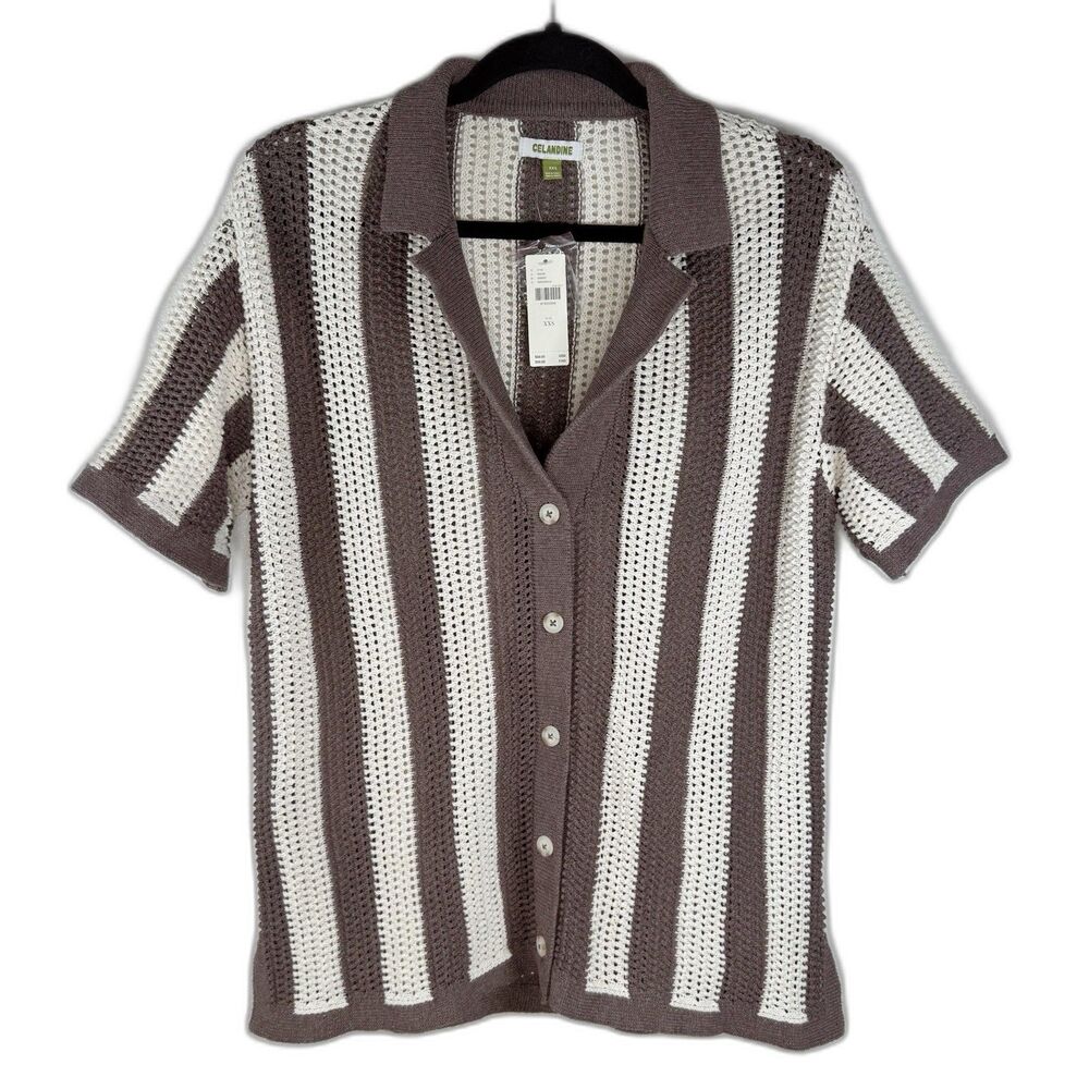 Celandine Anthropologie Knit Surf Shirt Brown Cream XXS Coastal Resortwear Boho